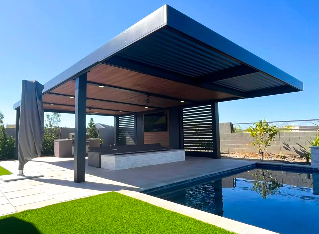 Powder-coated aluminum patio cover with integrated lighting near Denver, Colorado