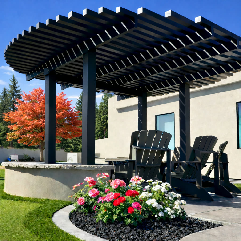 Cantilever shade structure over a spa in Castle Pines, Colorado