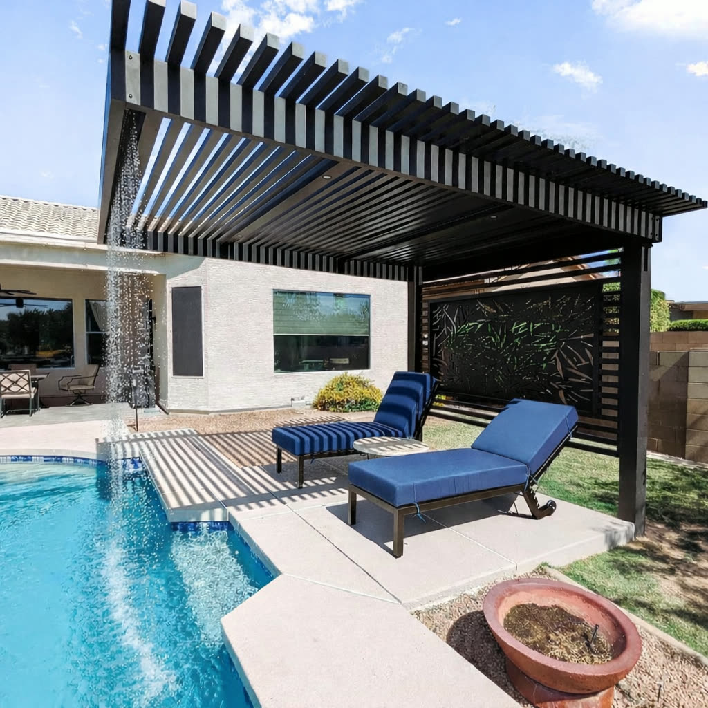 Cantilever aluminum pergola shading an outdoor lounge in Highlands Ranch, Colorado