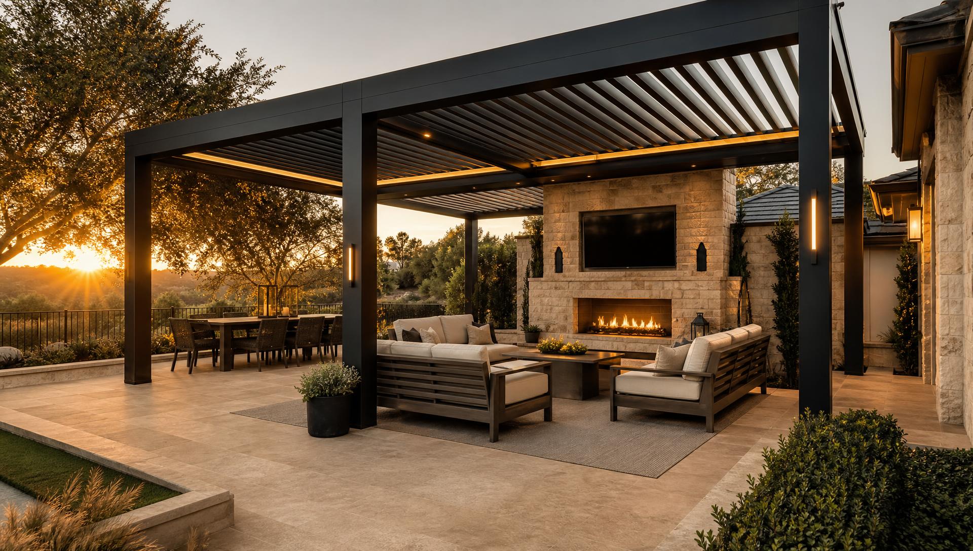 Custom black aluminum pergola over a Denver patio and outdoor lounge